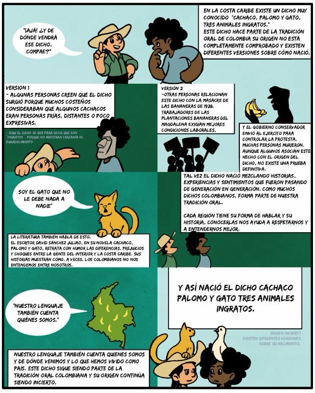 Cómic sobre el origen del dicho Cachaco, palomo y gato, tres animales ingratos